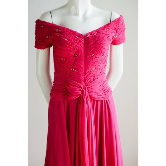 Vintage Pink Gathered Ruched Bodice Off The Shoulder Chiffon Gown w rhinestones - Picture 2 of 12